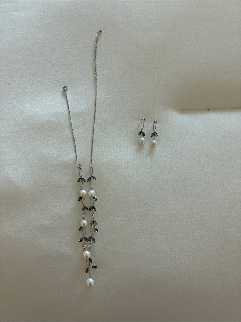 Pearl Drop Necklace and Earrings with Navy Leaf Accents